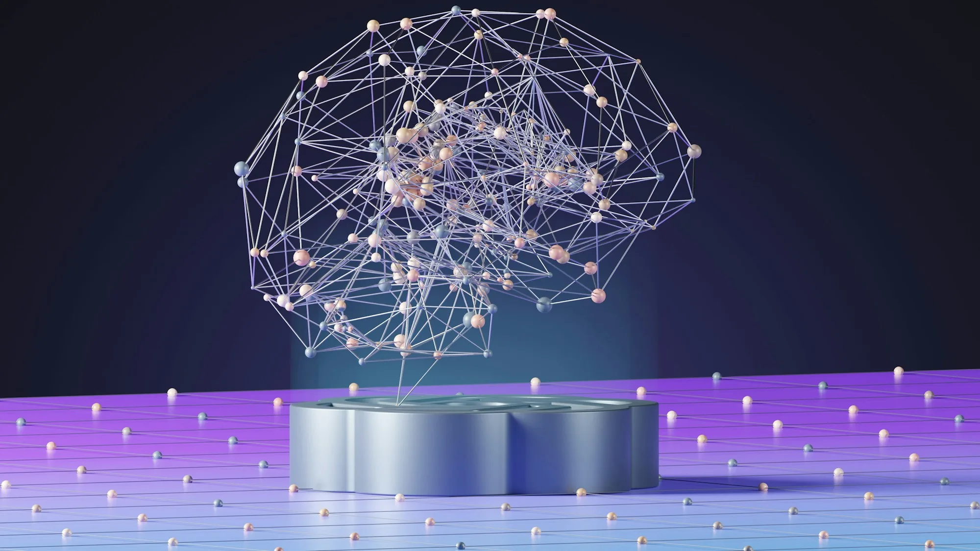 Network of glowing nodes shaped like a brain, representing AI